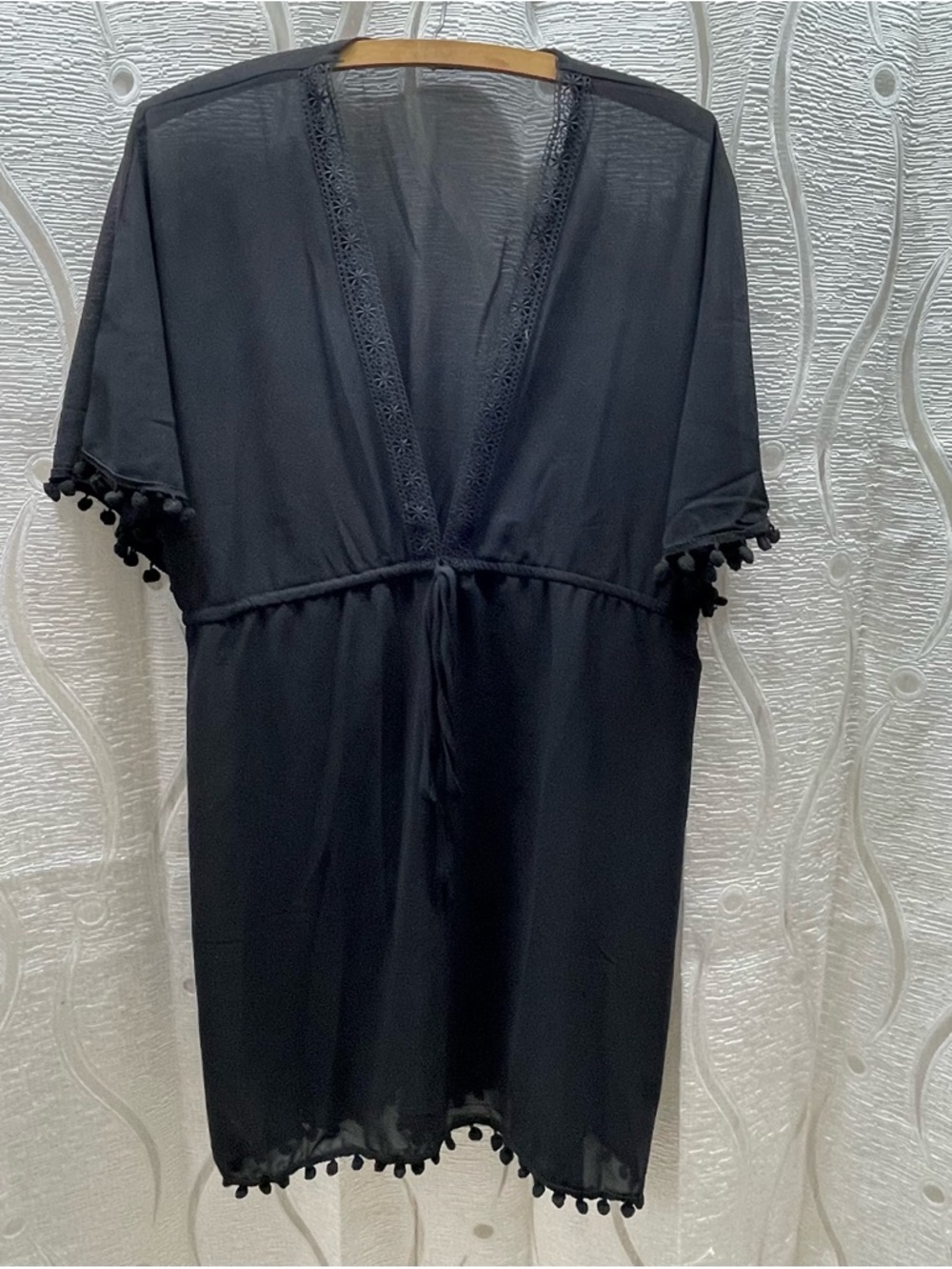 Unbranded Swim Cover Up Womens One Size Black Good Pom Pom Lace Trim Sheer Boho‎